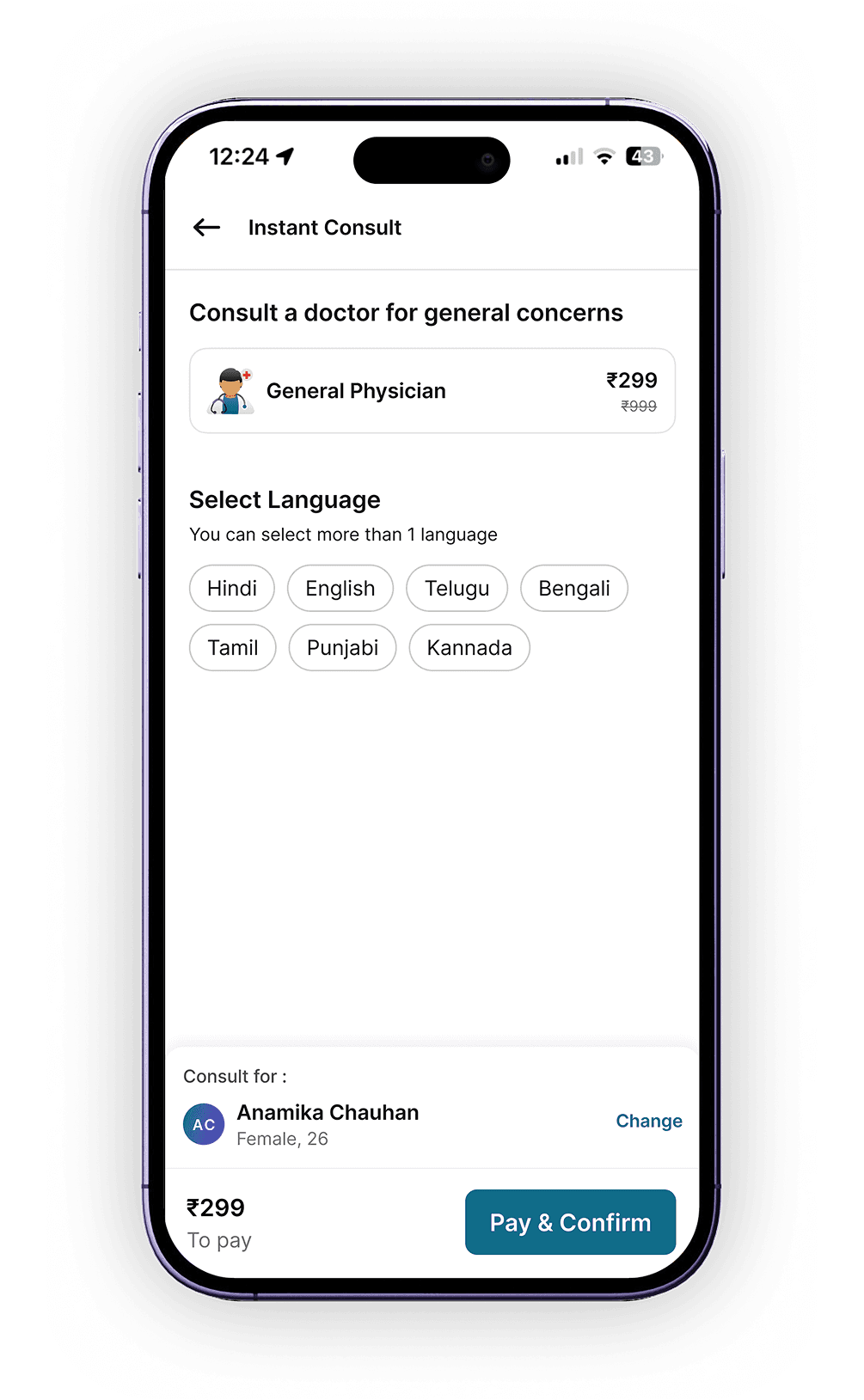Instant Consult landing with language selection