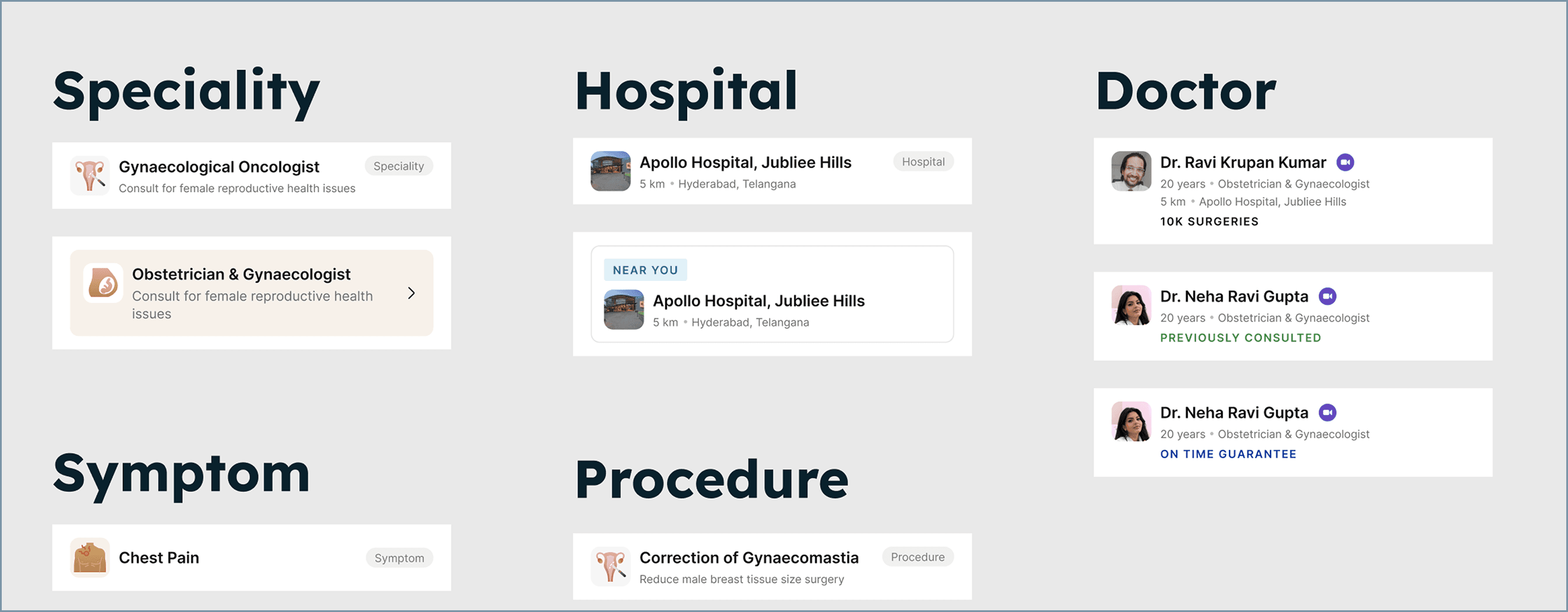 The unified search card grid across Speciality, Hospital, Doctor, Symptom, and Procedure entities